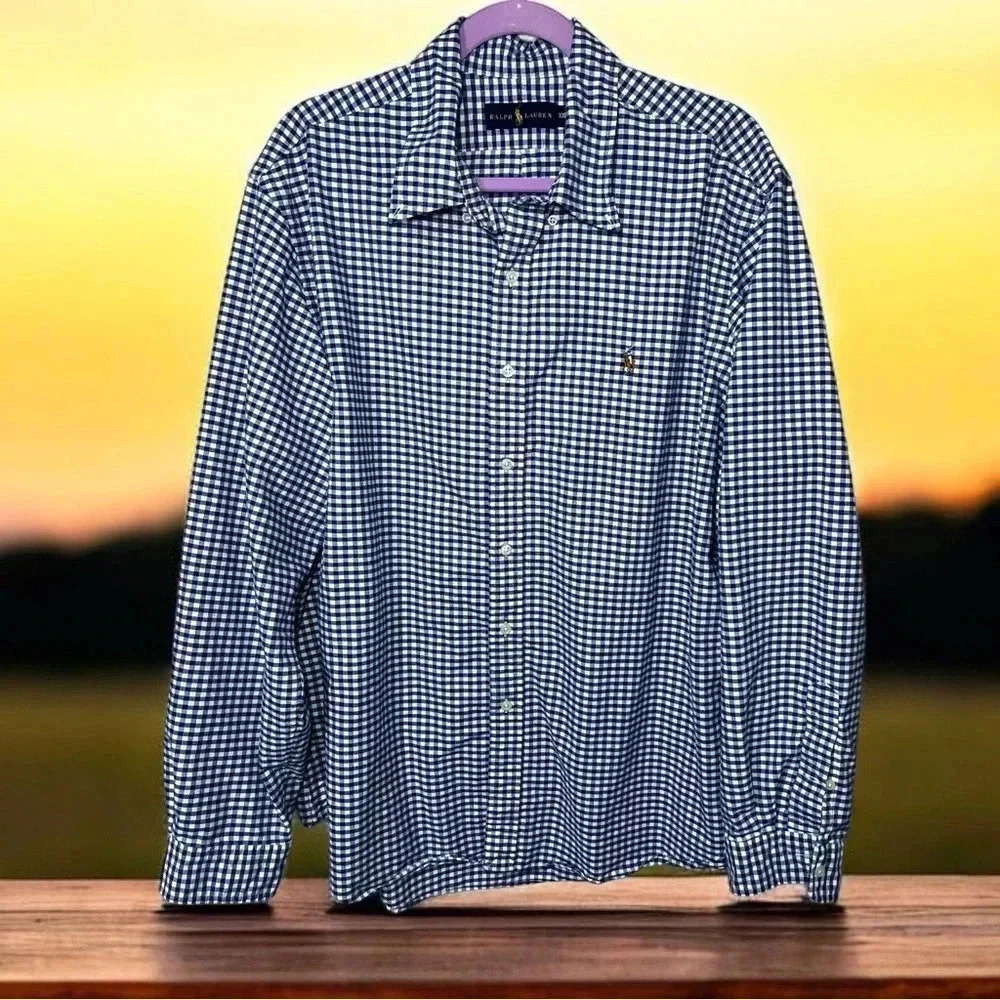Ralph Lauren Blue White Gingham Long Sleeve Button Down Cotton‎ Shirt Oxford